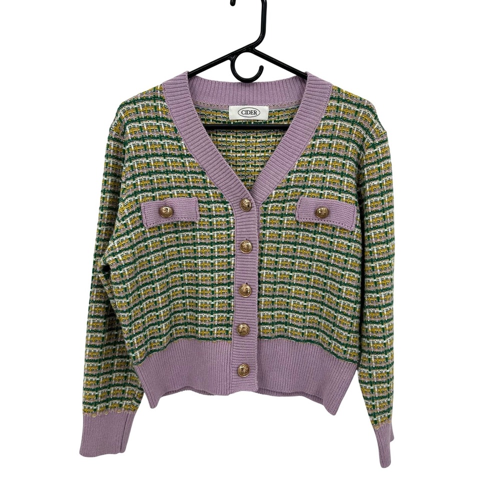 Cider Purple Green Plaid Knit Cardigan Gold Button V-Neck Sweater Womens L